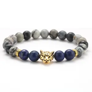 Bracciale con perline in pietra naturale 8mm da uomo con ciondolo testa di leopardo oro