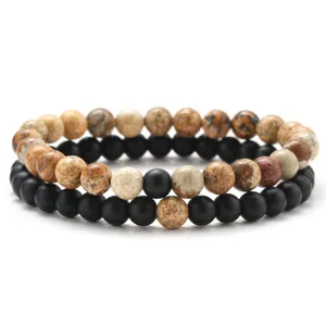 Natural stone and matte black obsidian bead bracelet set of 2 pieces for men 6mm