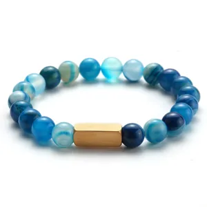 Bracciale di Perle in Agata Blu con Barra di Metallo Dorato Gioiello per Uomo e Donna