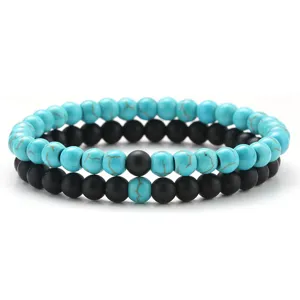 Men's 6mm black agate and turquoise beaded bracelet set of two pieces fashion jewelry style