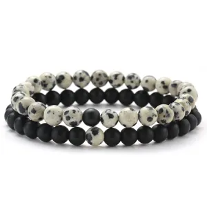 2pcs Natural Stone Beaded Bracelets Matte Black Agate and Dalmatian Jasper 6mm Men Jewelry