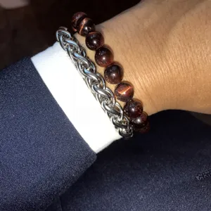 Moda Hombre Cadena de Acero Inoxidable Pulsera de Piedra Naturale Lava Volcánica Ojo de Tigre Cuentas Redondas Doble Capa Joyería de Mano Regalo