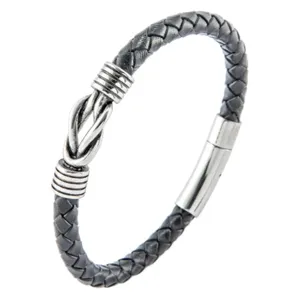 Herren geflochtenes Lederarmband mit Edelstahl Magnetverschluss und Metallknoten.