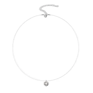 Close-up detail shot of the transparent fishing line solitaire pendant necklace clasp.