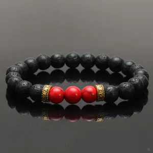 Lava stone bead bracelet with red stones and gold spacer charms for men and women couple fashion