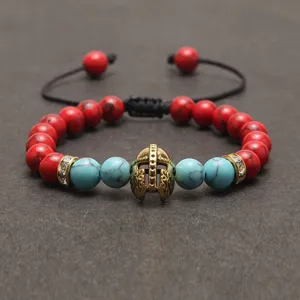 Vintage Naturstein Lavastein Perlenarmband Handgewebt Nylon Kordel Verstellbares Armband Legierung Helm Anhänger Strass Energie Armband Für Paare Damen Herren Schmuck