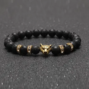 Vintage Naturstein Perlenarmband Legierung Leopardenkopf Strass Charm Elastisches Armband Unisex Punk Street Schmuck Geschenk