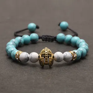 Türkis Stein geflochtenes Armband mit goldenem Spartan Helm für Damen und Herren