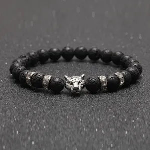 Herren 8mm Vulkangestein Lava Perlen Armband mit Metall Leopard Kopf und Strass