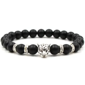 Klassisches 8mm Vulkanstein Achat Perlenarmband mit silberner Legierung Leopardenkopf.