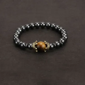 Homme Mode Bracelet Perles Oeil de Tigre Couronne Charme Bijou Vintage Style Cadeau Tendance