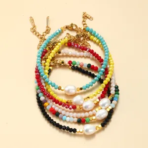 Kleurrijke kristalen kraal armband met zoetwaterparels en gouden ketting voor dames