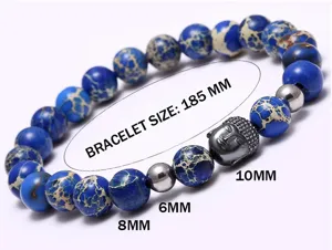 Vue détaillée du bracelet de perles en pierre naturelle bleue homme tête de Bouddha 185mm.