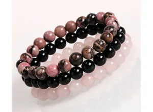 Natürliches Stein Perlenarmband Set mit rosa Kristall und schwarzen Steinen für Damen Yoga.
