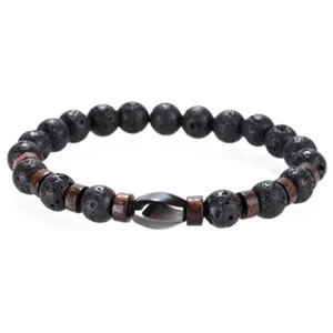 Herren Lavastein Holzperlen Armband Detail, natur Vulkanstein und Holz Abstandhalter Schmuck.