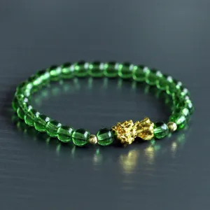 Green crystal bead bracelet for men with gold Pixiu charm lucky retro style beaded jewelry