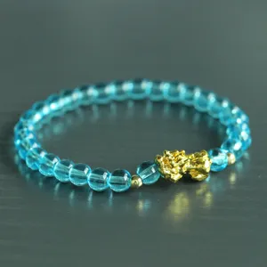 Men blue crystal bead bracelet with gold pixiu charm lucky stretch jewelry for daily wear