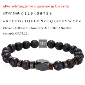 Herren schwarzer Lavastein Holzperlen Armband mit personalisierter Buchstabe Metall Anhänger