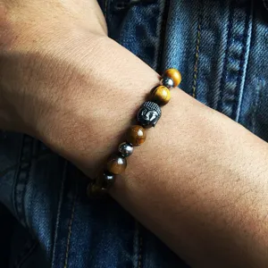 Bracelet pierre naturelle homme avec tete de bouddha 8mm yoga guerison oeil de tigre