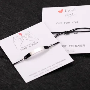 Stainless steel couple bracelet with black cord and engraved arc tag DIY wish card jewelry set