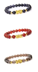 Pulsera de cuentas de piedra preciosa para hombre con abalorio pixiu dorado de la suerte