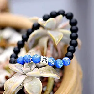 Bracelet de perles zodiaque Poissons avec perles noires mates et bleues pour hommes et femmes