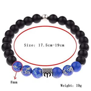 Bracelet de perles zodiaque avec perles mates 8mm et pierres bleues, taille 17.5-19cm.