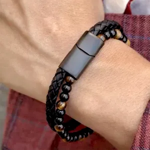 Herren Doppelspur Leder Tigerauge Naturstein Armband Edelstahl Magnetverschluss Perlen Geflochtenes Armband Vatertag Geschenk