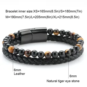 Doppelreihiges Herren Lederarmband mit Natur Tigerauge Perlen und Magnetverschluss Groessen