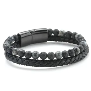 Herren doppelreihiges Lederarmband mit Lavastein Perlen und schwarzem Magnetverschluss Hauptansicht