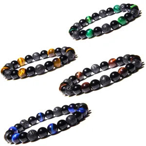 Bracelet de Perles en Pierre Naturelle Œil de Tigre et Pierre Volcanique Unisexe Multicolore Énergie Yoga Guérison Bijoux Cadeau