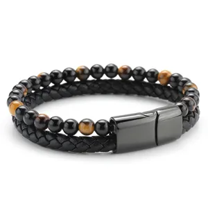 Herren Doppelter Schicht Leder und Tigerauge Stein Perlen Armband mit Magnetverschluss.