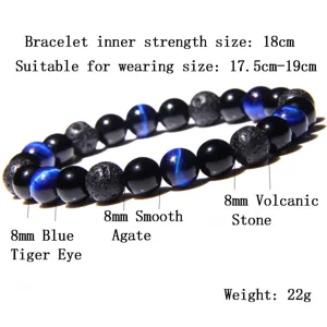 Bracelet en perles d'œil de tigre bleu naturel et de pierre volcanique, perles 8mm, 18cm.