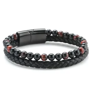 Herren doppelreihiges Lederarmband mit Natursteinperlen und schwarzem Magnetverschluss.