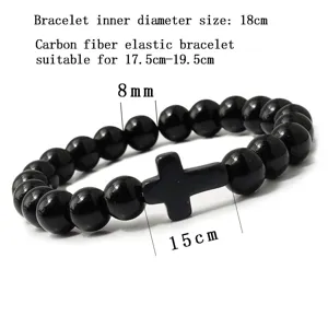 Pulsera de cuentas de fibra de carbono negra con cruz, diseño elástico, cuentas de 8mm diámetro