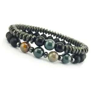 Herren Magnet Edelstein Perlen Armband Set mit 8mm Tigerauge und matten schwarzen Steinen.