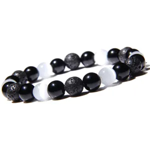 Bracelet de perles d'energie de yoga en pierre de lave volcanique et oeil de chat