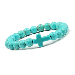 Pulsera de cuentas de turquesa con colgante de cruz, joyería religiosa y de yoga.