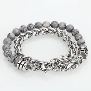 Pulsera de hombre de cadena de acero inoxidable y cuentas de piedra natural gris.