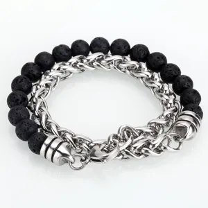 Pulsera multicapa para hombre de piedra de lava negra y cadena de acero inoxidable.