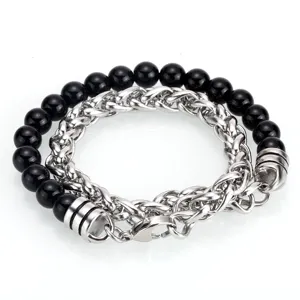 Pulsera de doble capa para hombre con cuentas de piedra negra y cadena de acero inoxidable