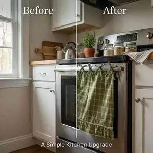 Handmade green plaid oven skirt detail, decorative kitchen handle cover with ties and ruffles.