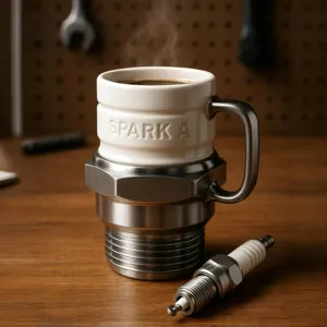 Close-up detail of the creative spark plug ceramic coffee mug on a wooden workbench.