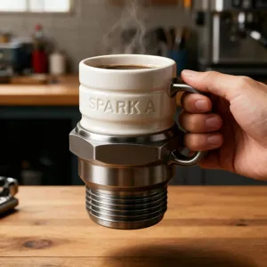 Creative ceramic coffee mug designed like a mechanical spark plug with unique handle. Perfect gift.