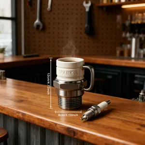 Detail view of creative spark plug ceramic metal coffee mug on wooden bar, unique design.