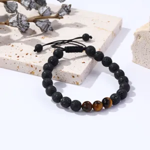 Naturvulkanstein und braunes Tigerauge Perlen verstellbares Armband fuer Herren