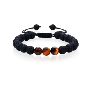 Edelstein Tigerauge und schwarzer Lavastein Perlenarmband mit verstellbarer Kordel