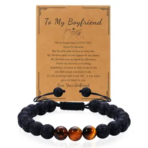 Herren Tigerauge und Lavastein geflochtenes Armband Detailansicht, ideales Geschenk.