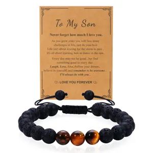 Vulkanstein und Tigerauge Perlenarmband mit emotionaler Sohn Botschaft Geschenk Karte.