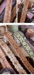 Detailed view of vintage floral trim washi tape with embroidered patterns and pearls